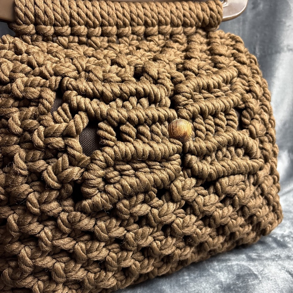 Vintage Macrame Woven Purse Brown Oversized Handles 60s 70s Retro Hippie Boho - Picture 3 of 16